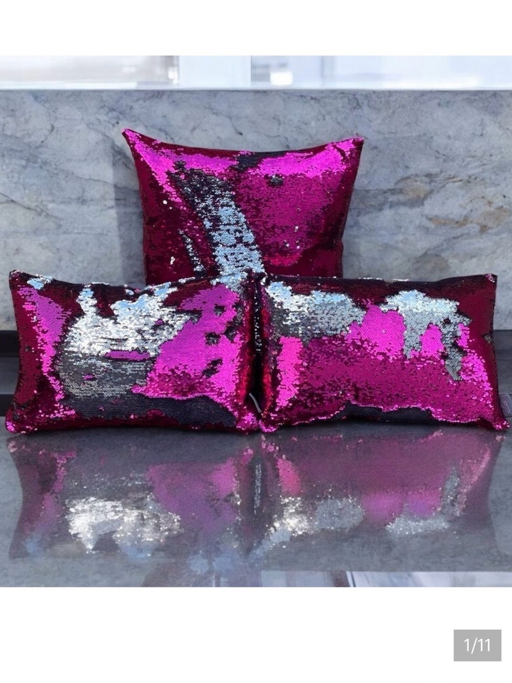 NWOT NEW Three (3) Aviva Stanoff Sequin Hot Pink/Silver/Black Luxury Pillows